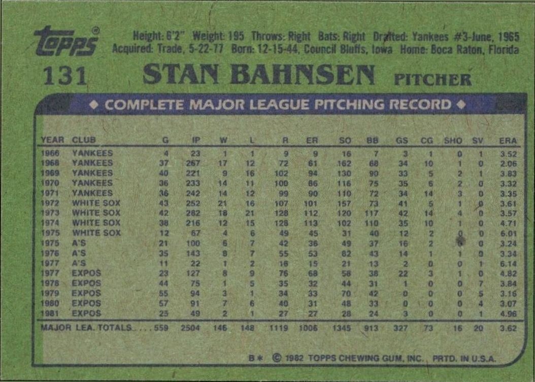 1982 Topps Stan Bahnsen #131 baseball trading card back