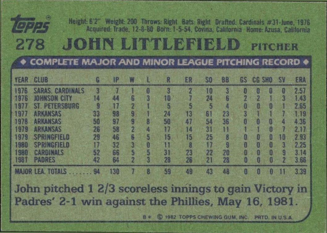 1982 Topps John Littlefield #278 baseball trading card back