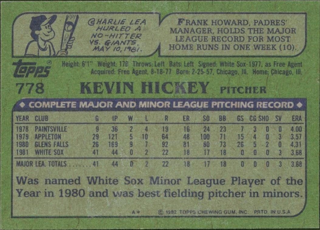 1982 Topps Kevin Hickey #778 baseball trading card back