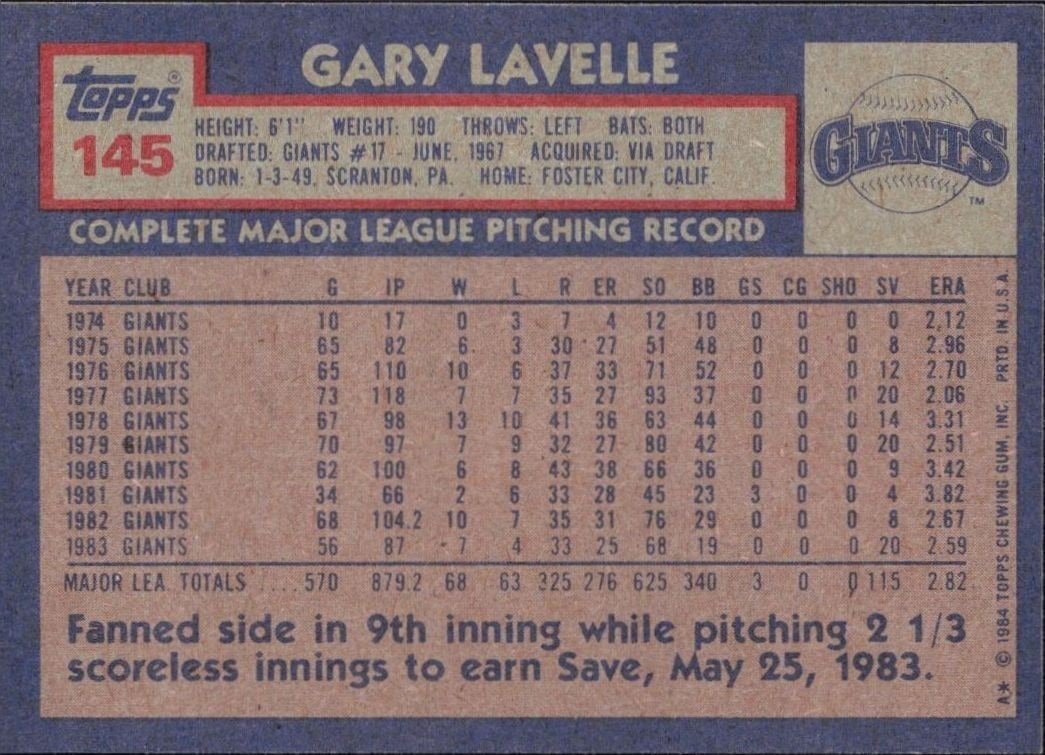 1984 Topps Gary Lavelle #145 baseball trading card back