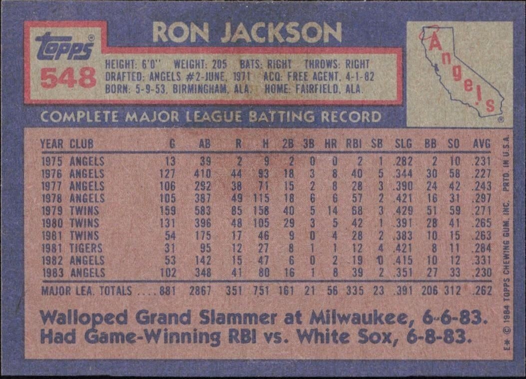 1984 Topps Ron Jackson #548 baseball trading card back