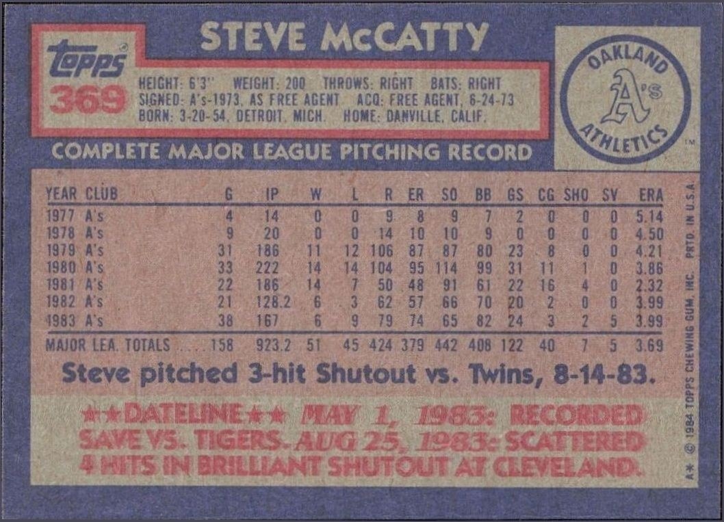 1984 Topps Steve McCatty #369 baseball trading card back