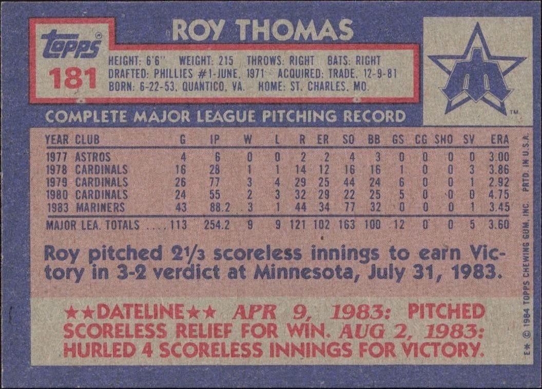 1984 Topps Roy Thomas #181 baseball trading card back