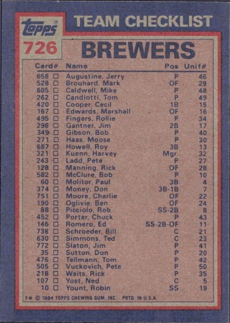 1984 Topps Ted Simmons #726 baseball trading card back