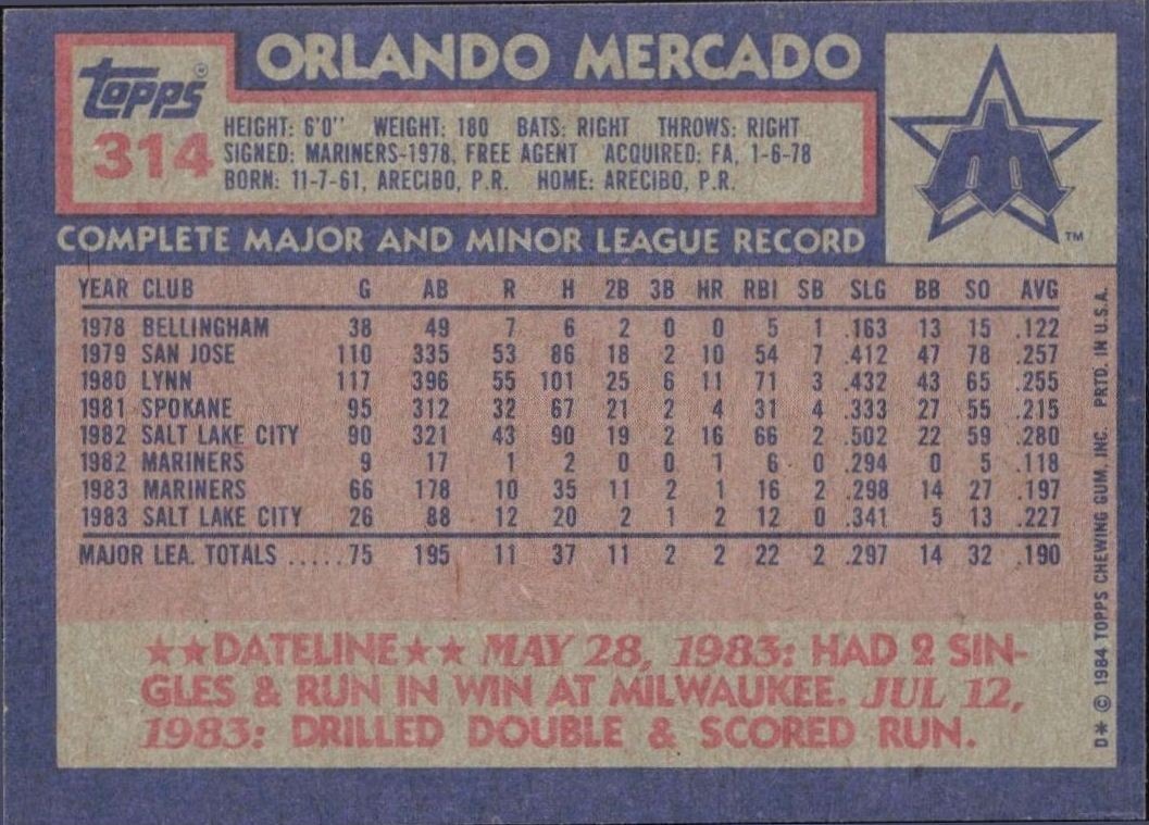1984 Topps Orlando Mercado #314 baseball trading card back