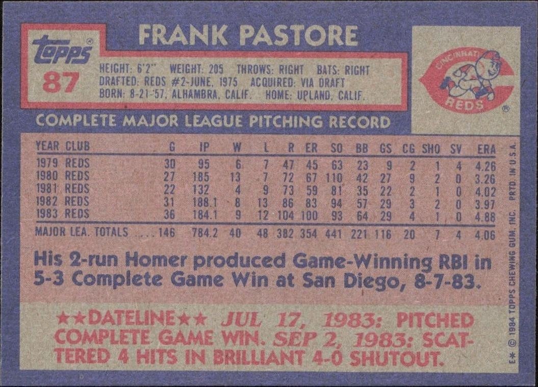 1984 Topps Frank Pastore #87 baseball trading card back