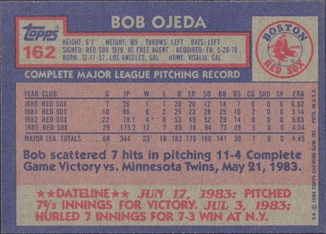 1984 Topps Bob Ojeda #162 baseball trading card back