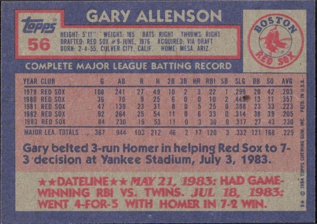 1984 Topps Gary Allenson #56 baseball trading card back