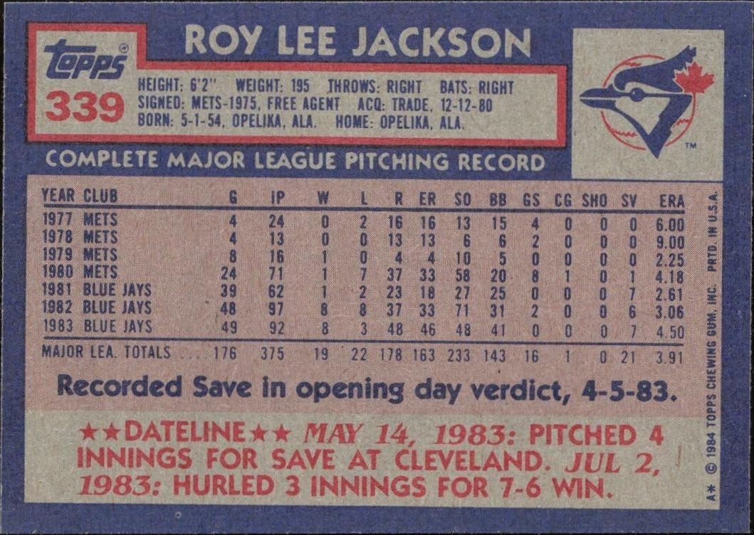 1984 Topps Roy Lee Jackson #339 baseball trading card back