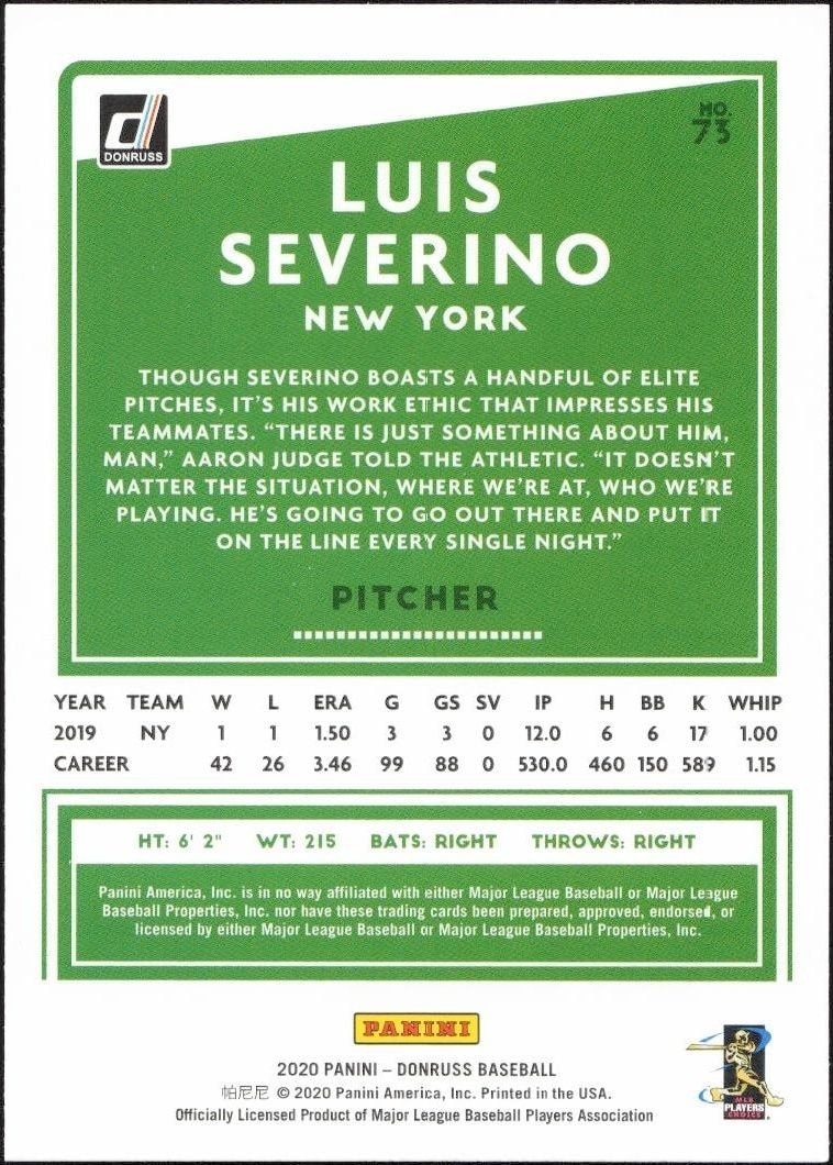 2020 Panini Donruss Luis Severino #104 baseball trading card back