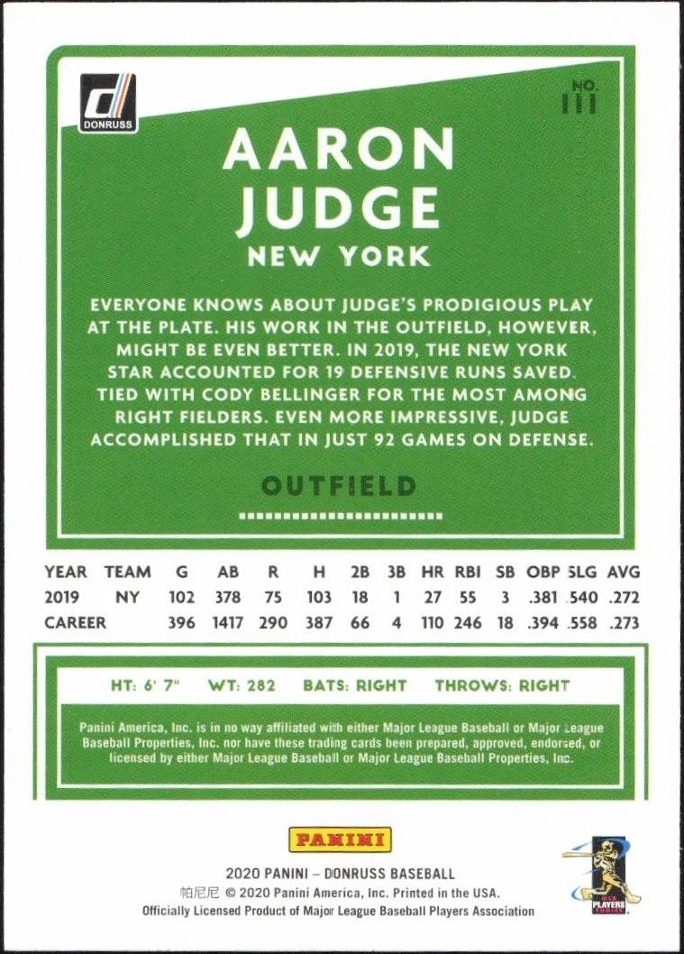 2020 Panini Donruss Aaron Judge #111 baseball trading card back