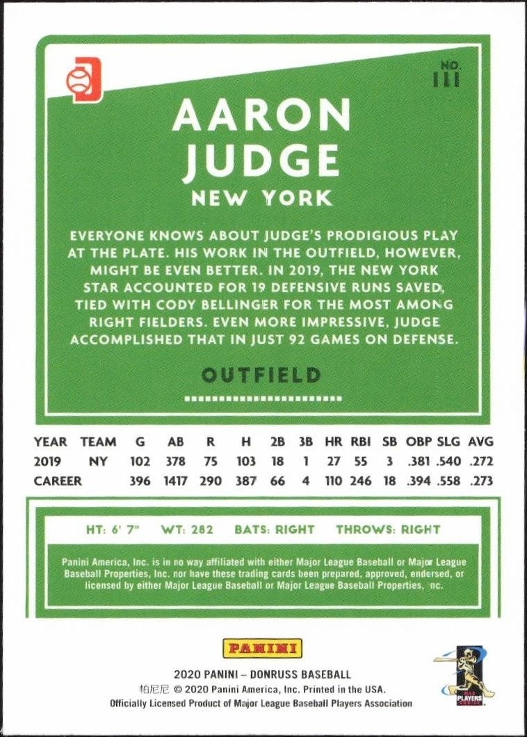 2020 Panini Donruss Aaron Judge #111 baseball trading card back