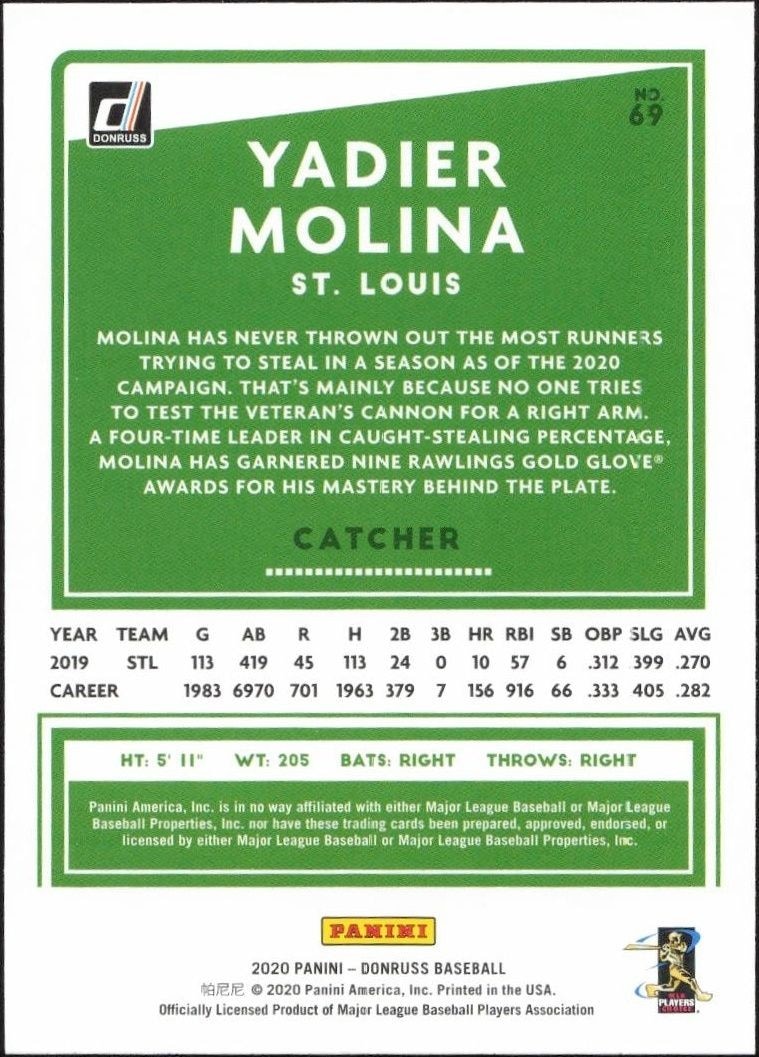 2020 Panini Donruss Yadier Molina #102 baseball trading card back