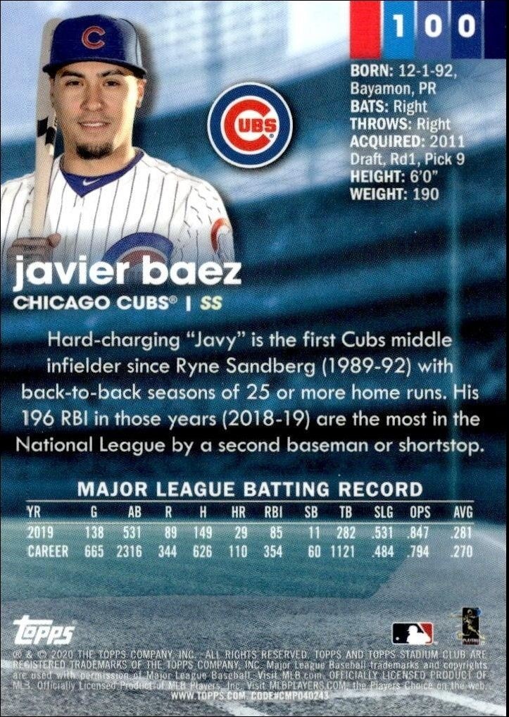 2020 Topps Stadium Club Chrome Javier Baez #100 baseball trading card back