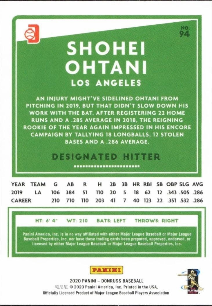 2020 Panini Donruss Shohei Ohtani #94 baseball trading card back