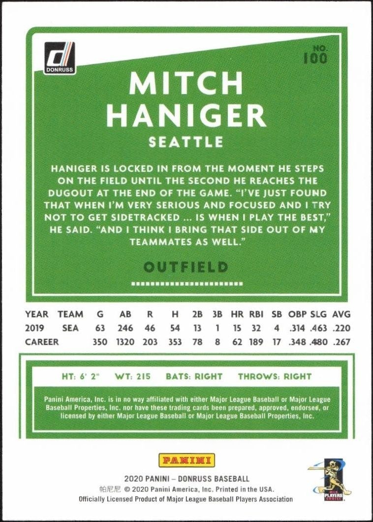 2020 Panini Donruss Mitch Haniger #100 baseball trading card back