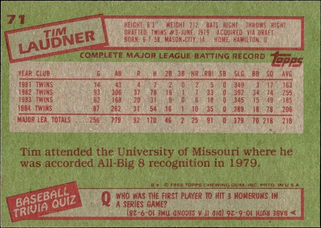 1985 Topps Tim Laudner #71 baseball trading card back
