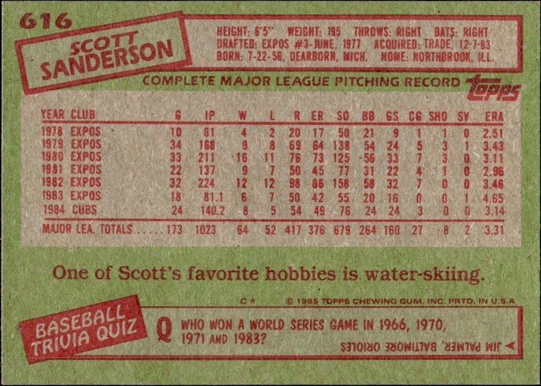 1985 Topps Scott Sanderson #616 baseball trading card back