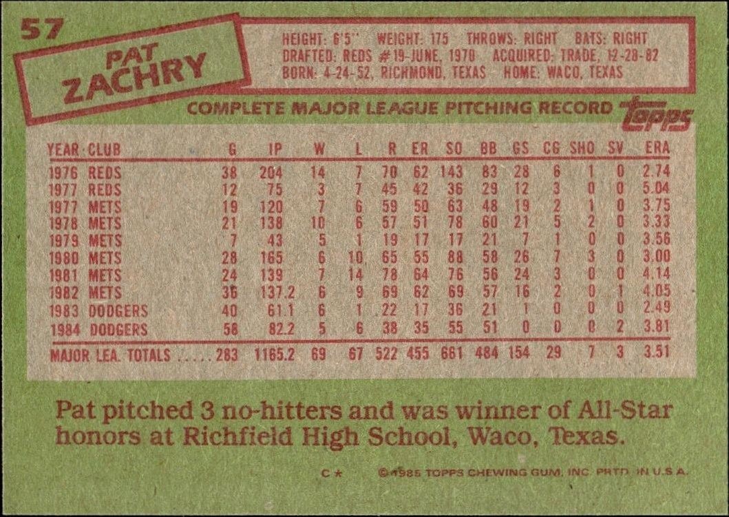 1985 Topps Pat Zachry #57 baseball trading card back