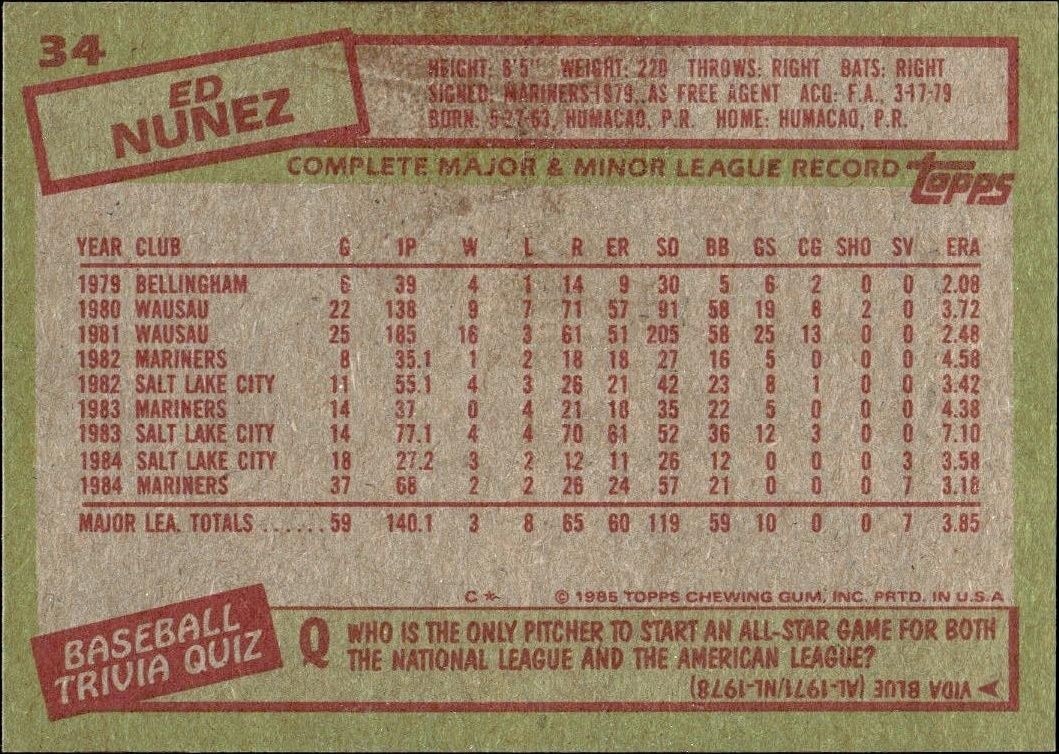 1985 Topps Ed Nunez #34 baseball trading card back
