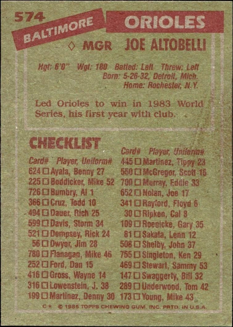 1985 Topps Joe Altobelli #574 baseball trading card back