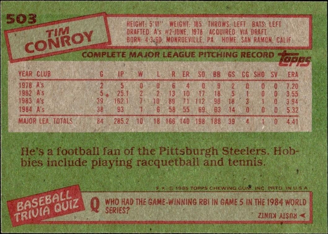 1985 Topps Tim Conroy #503 baseball trading card back