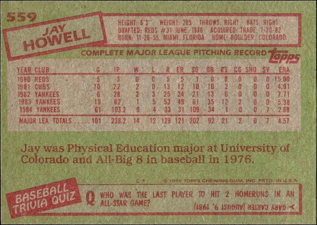 1985 Topps Jay Howell #559 baseball trading card back