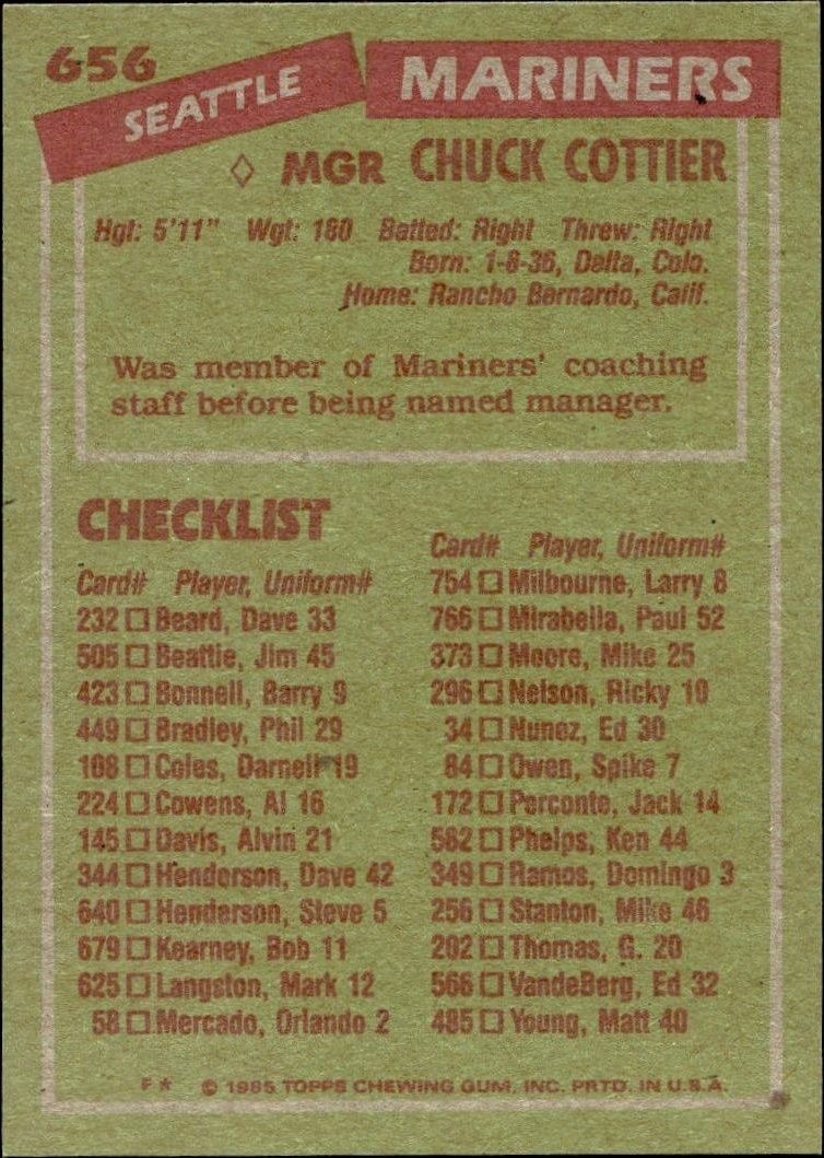 1985 Topps Chuck Cottier #656 baseball trading card back