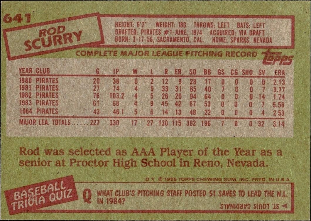 1985 Topps Rod Scurry #641 baseball trading card back