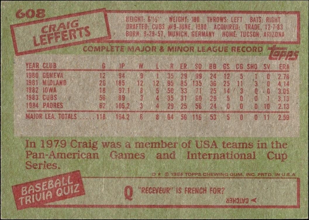 1985 Topps Craig Lefferts #608 baseball trading card back