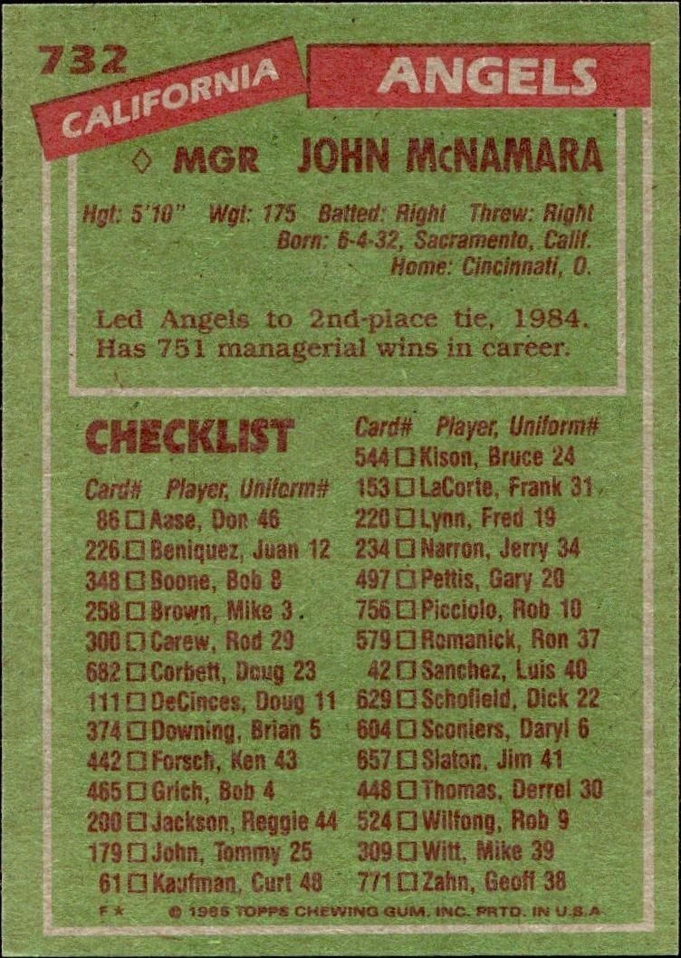 1985 Topps John McNamara #732 baseball trading card back
