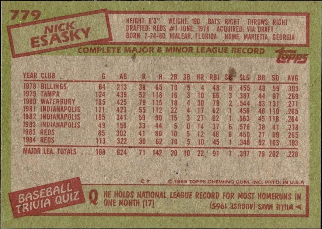 1985 Topps Nick Esasky #779 baseball trading card back