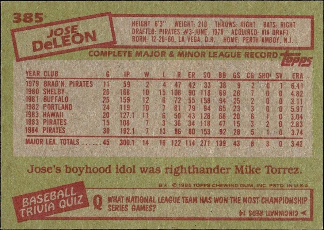 1986 Topps Jose DeLeon #385 baseball trading card back