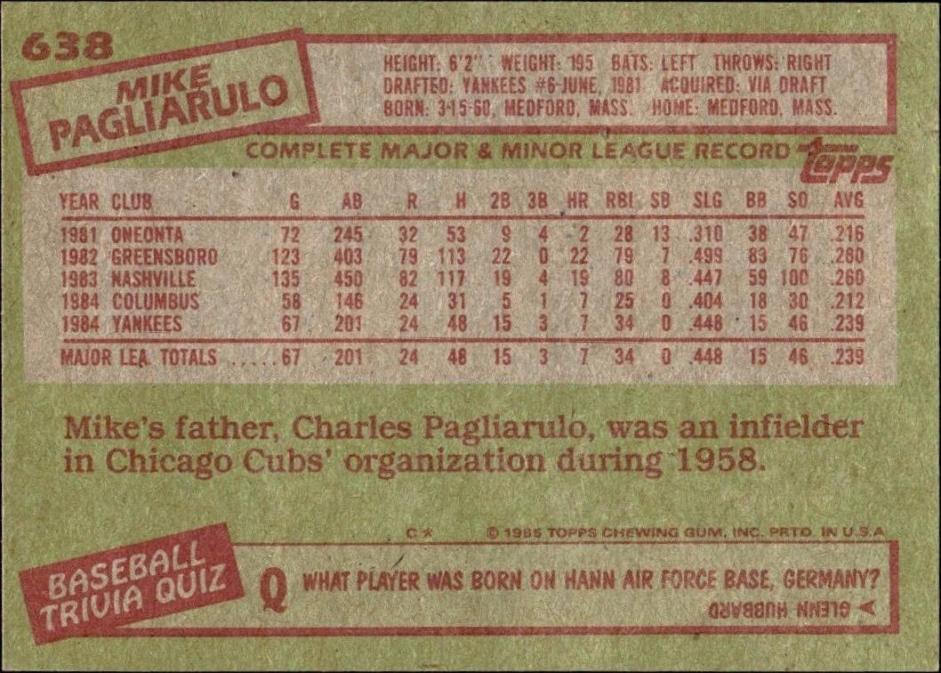 1985 Topps Mike Pagliarulo #638 baseball trading card back