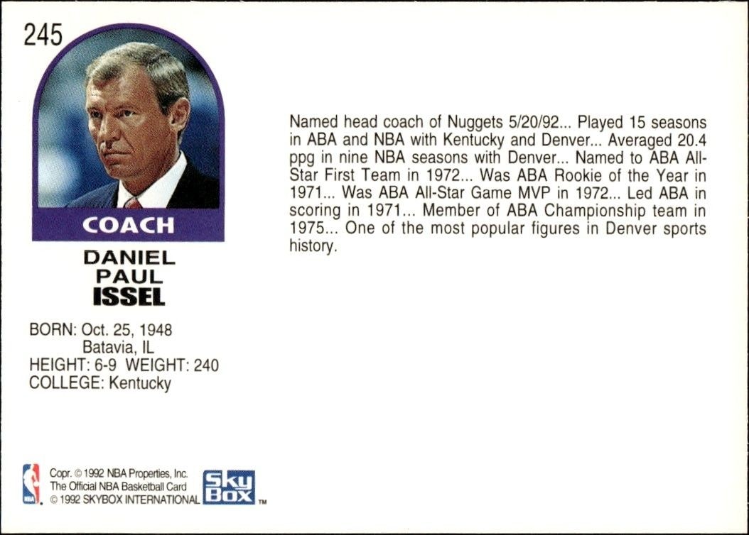 1992-93 Skybox NBA Hoops Dan Issel #245 basketball trading card back