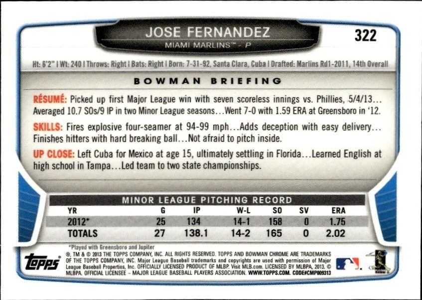 2013 Bowman Chrome Jose Fernandez #322 baseball trading card back