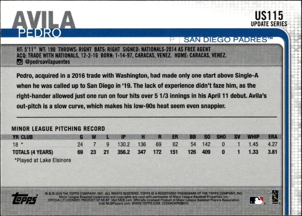 2019 Topps Update Pedro Avila #US115 baseball trading card back