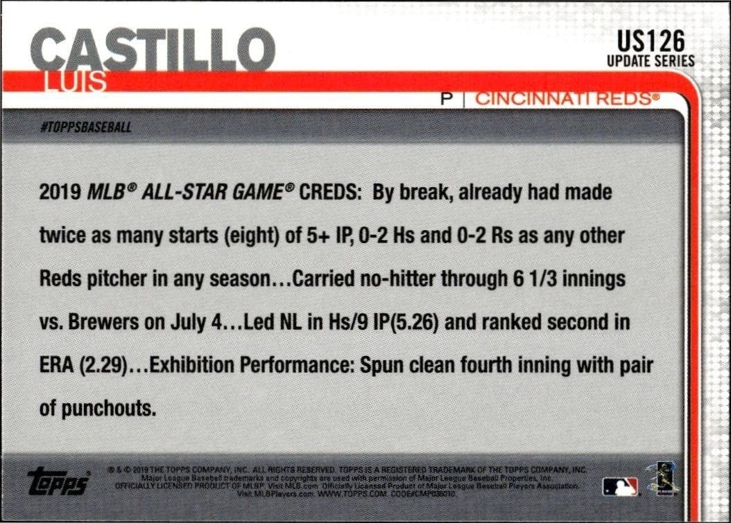 2019 Topps Update Luis Castillo #US126 baseball trading card back