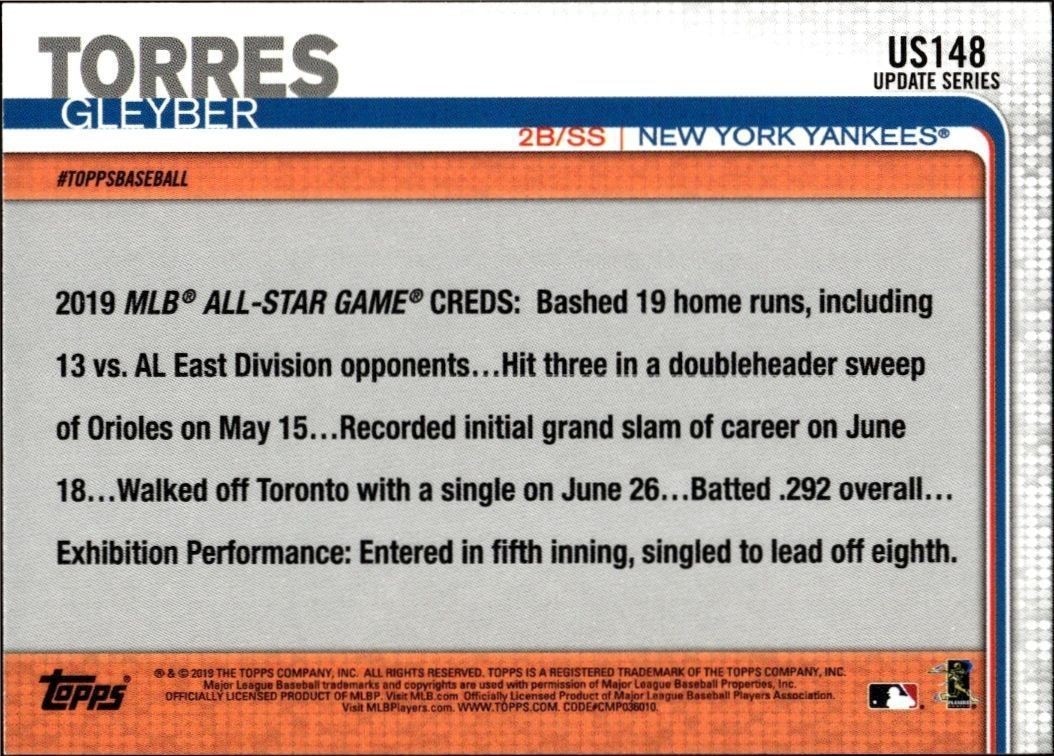 2019 Topps Update Gleyber Torres #US148 baseball trading card back