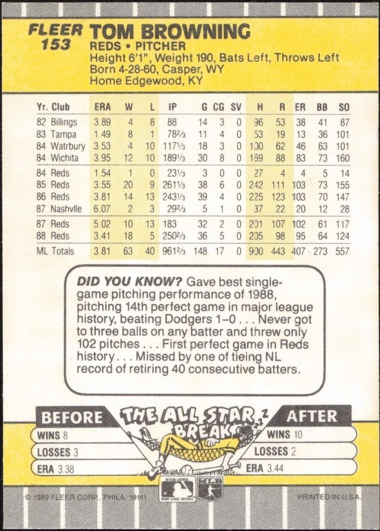 1989 Fleer Tom Browning #153 baseball trading card back