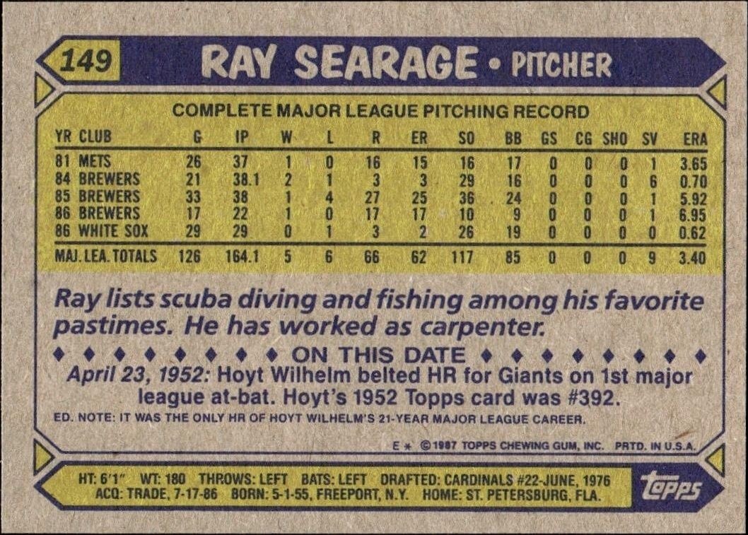 1987 Topps Ray Searage #149 baseball trading card back