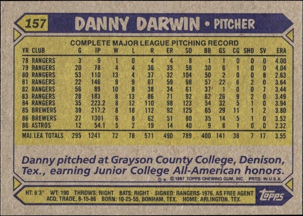 1987 Topps Danny Darwin #157 baseball trading card back