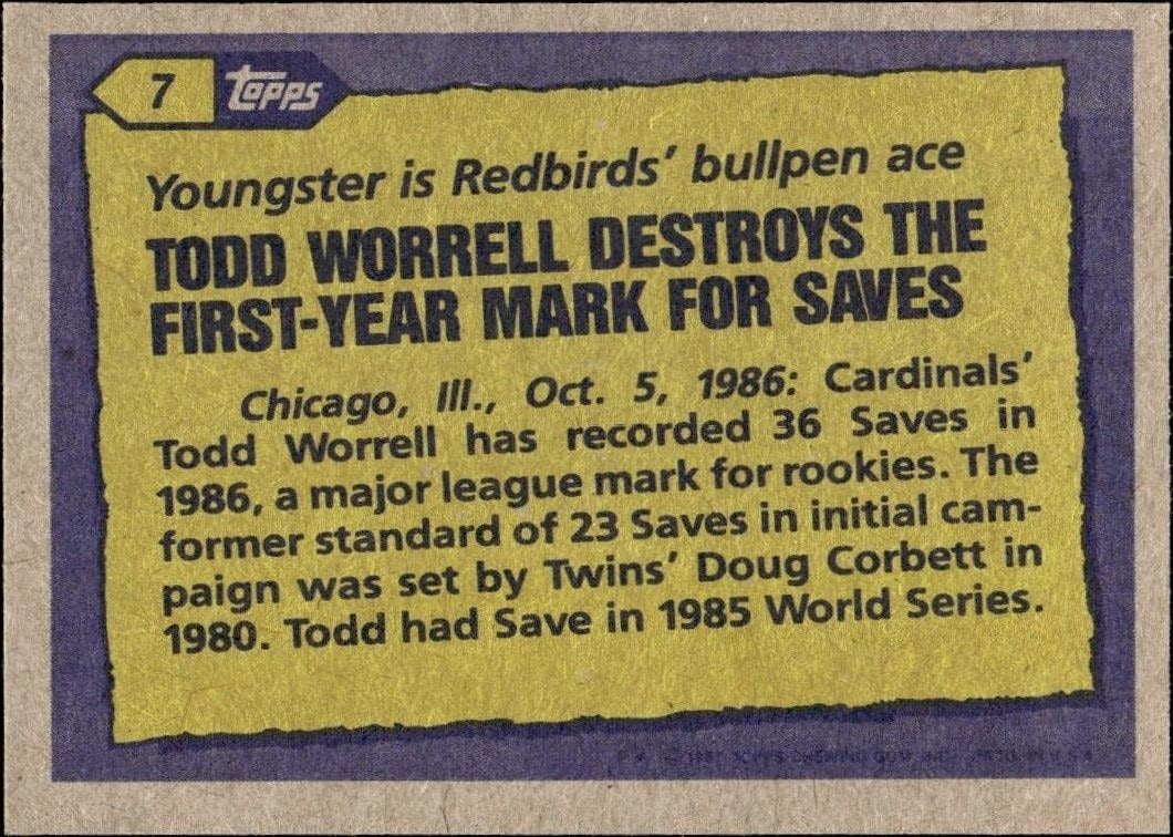 1987 Topps Todd Worrell #7 baseball trading card back