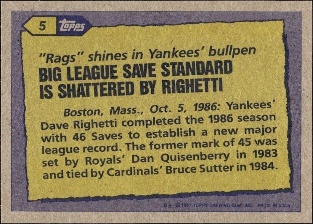 1987 Topps Dave Righetti #5 baseball trading card back