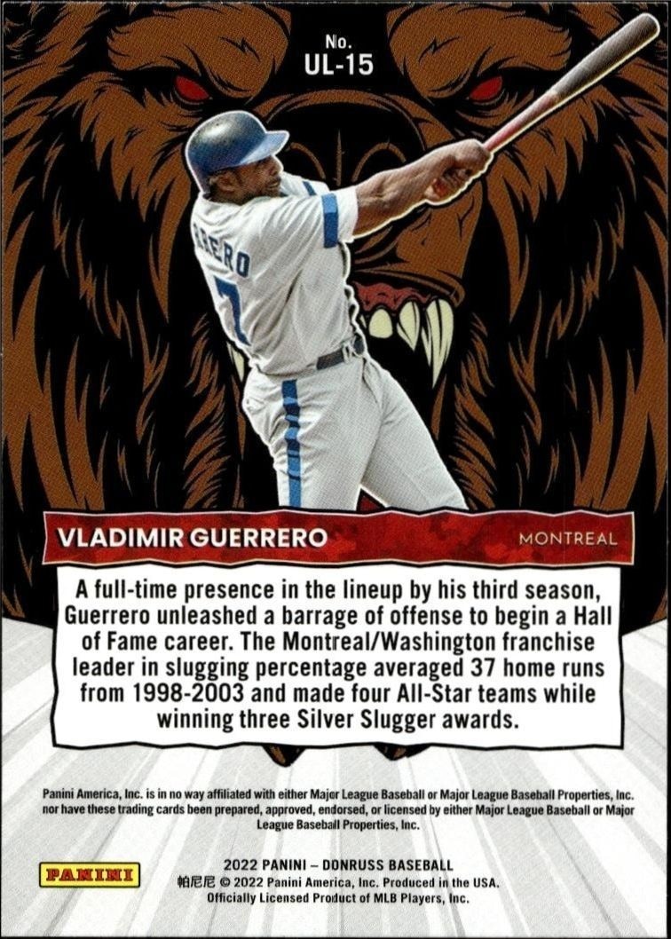 2022 Panini Donruss Vladimir Guerrero #UL-15 baseball trading card back