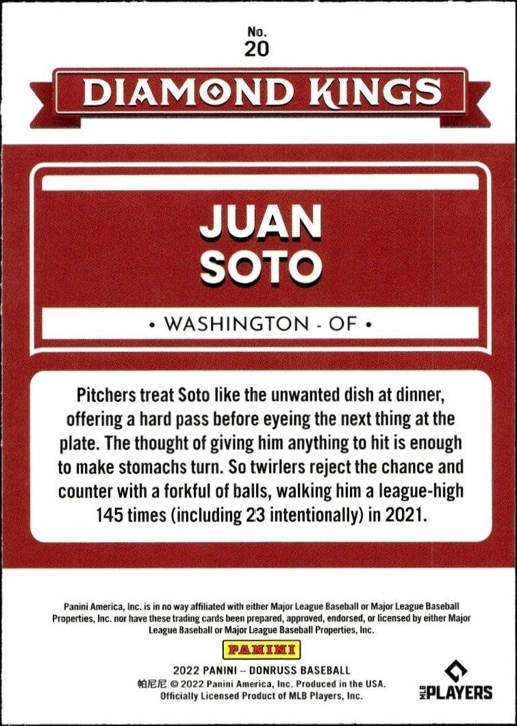 2022 Panini Donruss Juan Soto #20 baseball trading card back