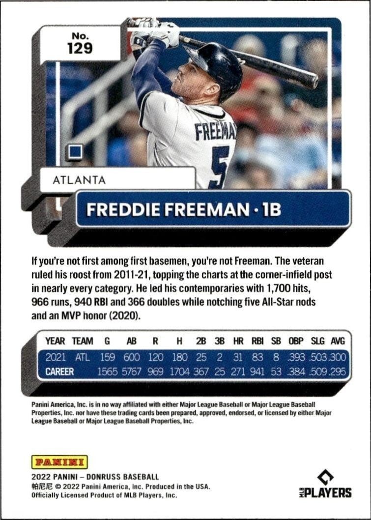 2022 Panini Donruss Freddie Freeman #129 baseball trading card back