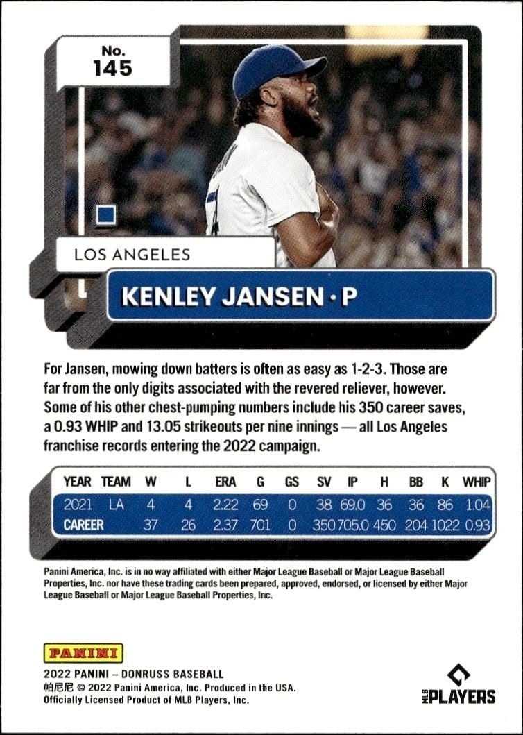 2022 Panini Donruss Kenley Jansen #145 baseball trading card back