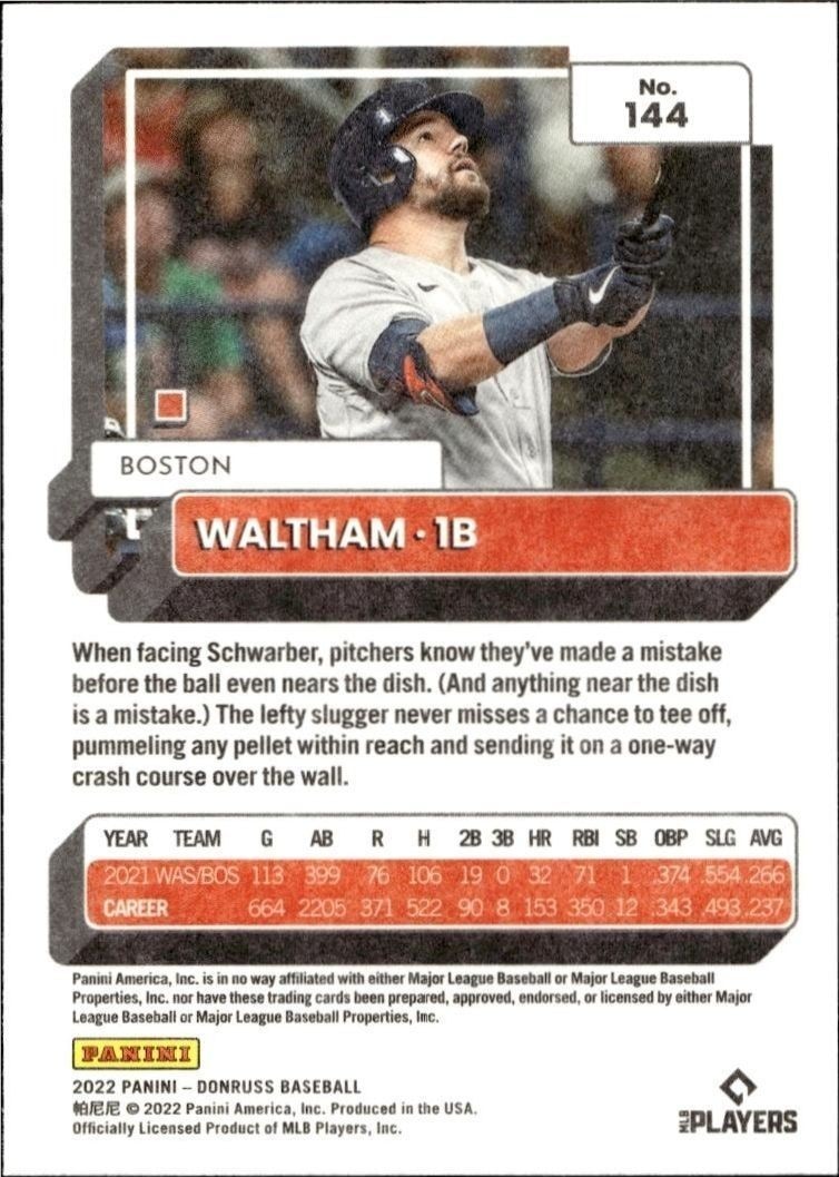 2022 Panini Donruss Kyle Schwarber #144 baseball trading card back