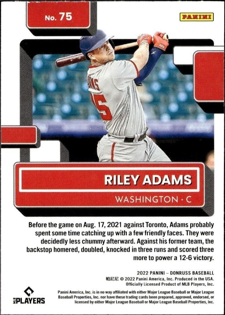 2022 Panini Donruss Riley Adams #75 baseball trading card back